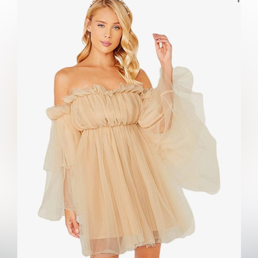 Oft Shoulder Flounce Long Sleeve
Wedding Ruffle Mesh Mini Dress